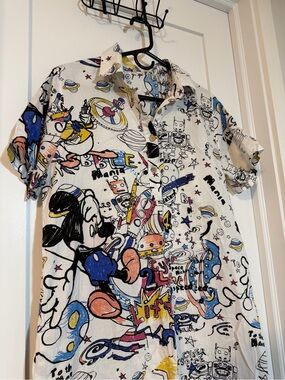 White Graphic Short-Sleeve Button-Up Shirtdress  - Playful Space Cartoon Print